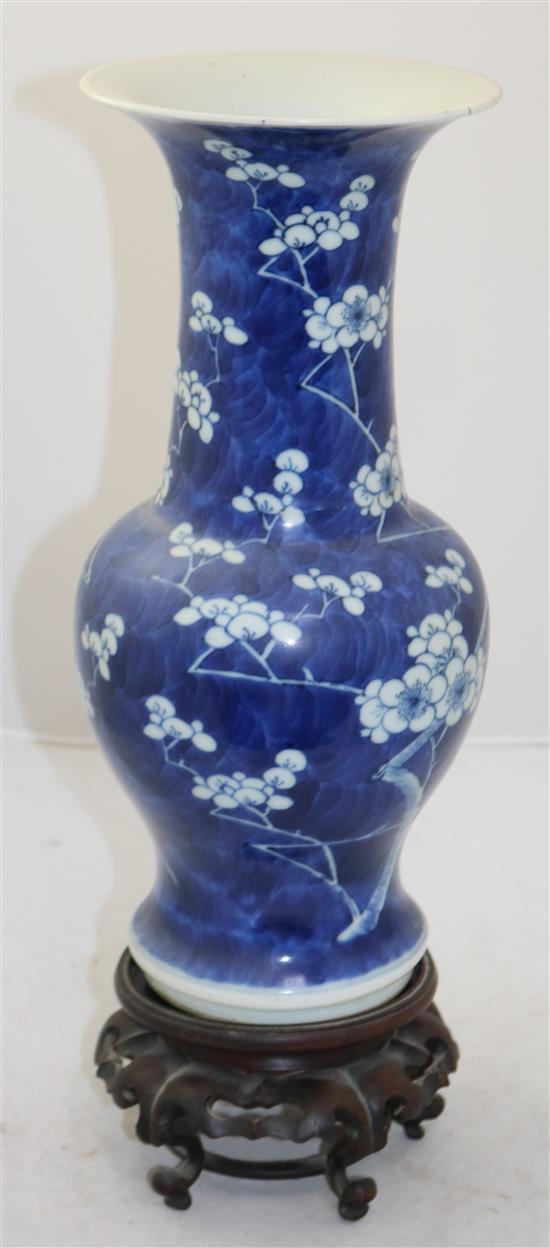 A Chinese blue and white yen yen vase, Kangxi mark, c.1900, 35cm, rosewood stand